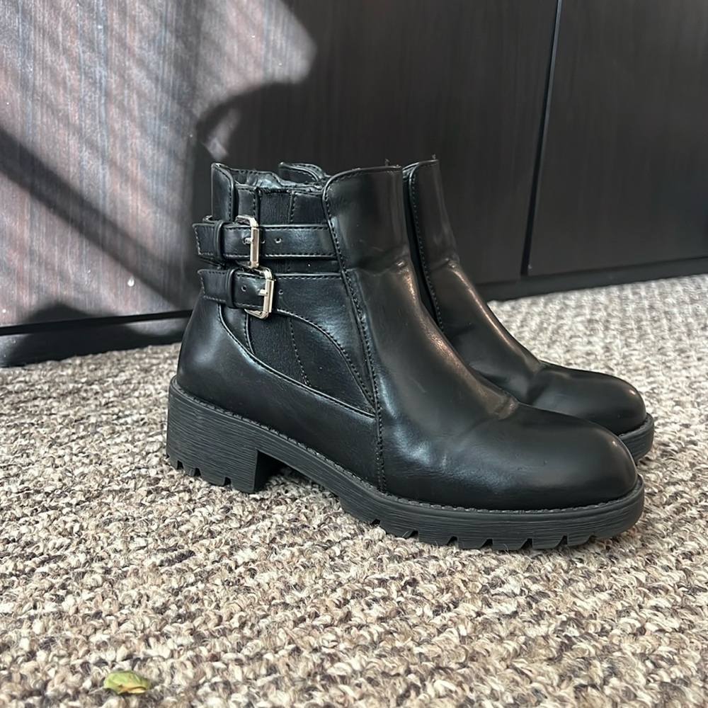 Black faux leather ankle booties